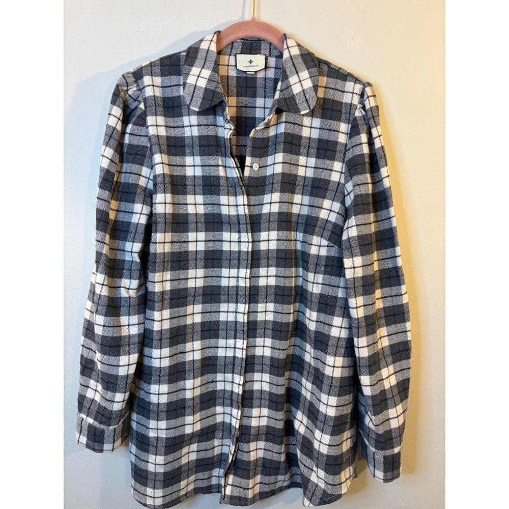 Tuckernuck Gray Plaid Cotton Flannel Blouse XL Tunic Length Puff Sleeve